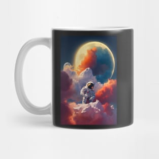 Astronaut sitting on clouds with red smoke in space with moon in the background Mug